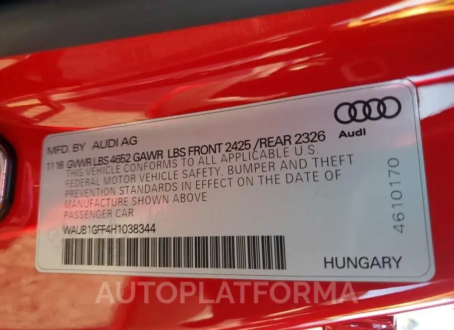 AUDI S3 PREMIUM 2017 vin WAUB1GFF4H1038344 from auto auction Copart