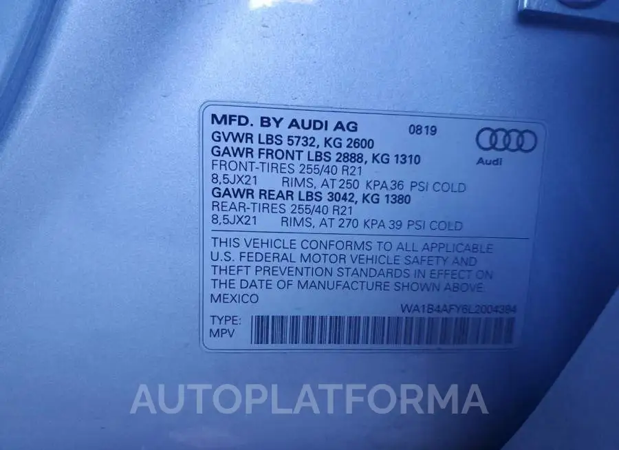 AUDI SQ5 PREMIU 2020 vin WA1B4AFY6L2004394 from auto auction Copart