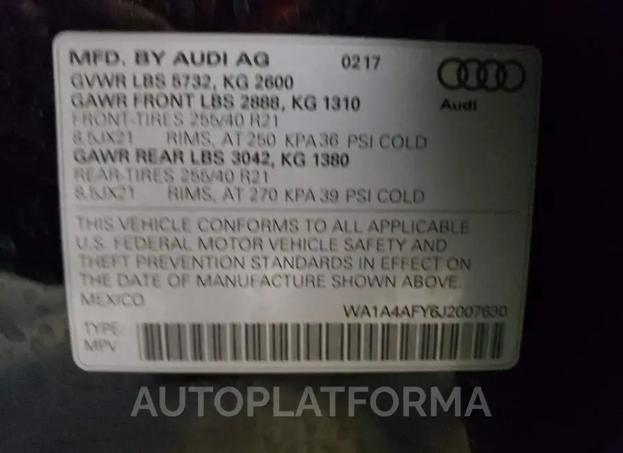 AUDI SQ5 PREMIU 2018 vin WA1A4AFY6J2007630 from auto auction Copart