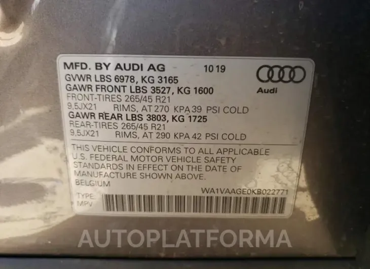 AUDI E-TRON PRE 2019 vin WA1VAAGE0KB022771 from auto auction Copart