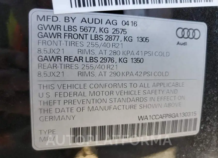 AUDI SQ5 PREMIU 2016 vin WA1CCAFP8GA130315 from auto auction Copart