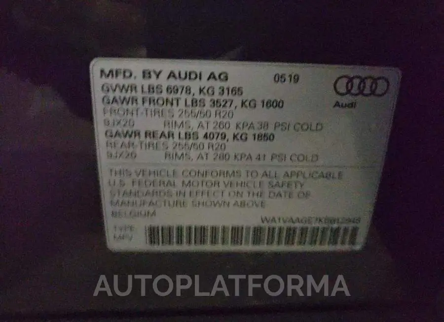 AUDI E-TRON PRE 2019 vin WA1VAAGE7KB012948 from auto auction Copart