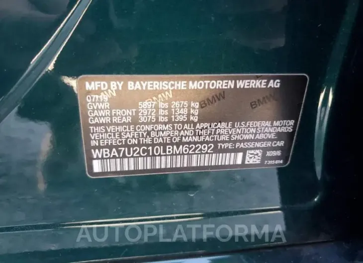 BMW ALPINA B7 2020 vin WBA7U2C10LBM62292 from auto auction Copart