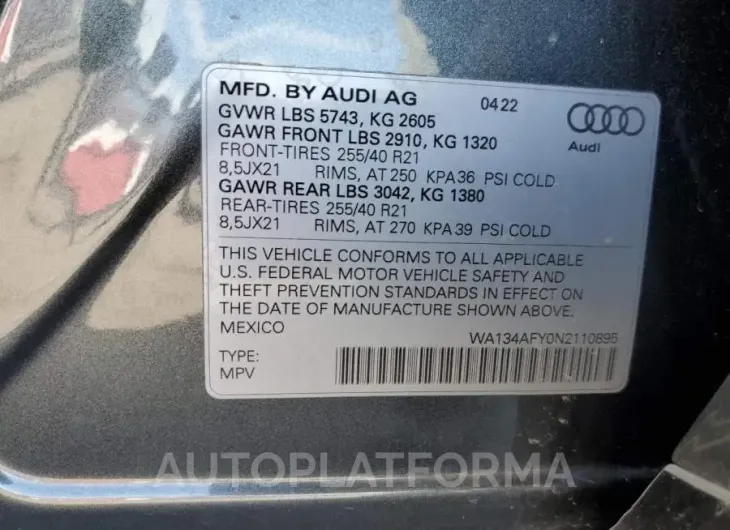 AUDI SQ5 SPORTB 2022 vin WA134AFY0N2110895 from auto auction Copart