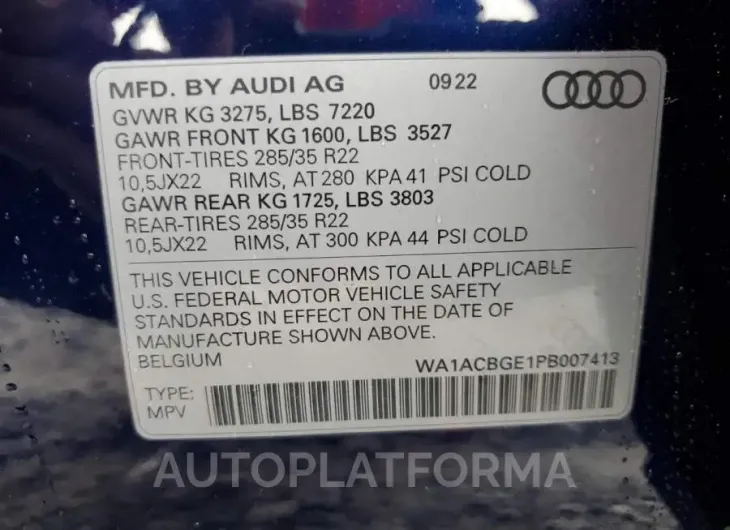 AUDI E-TRON S P 2023 vin WA1ACBGE1PB007413 from auto auction Copart