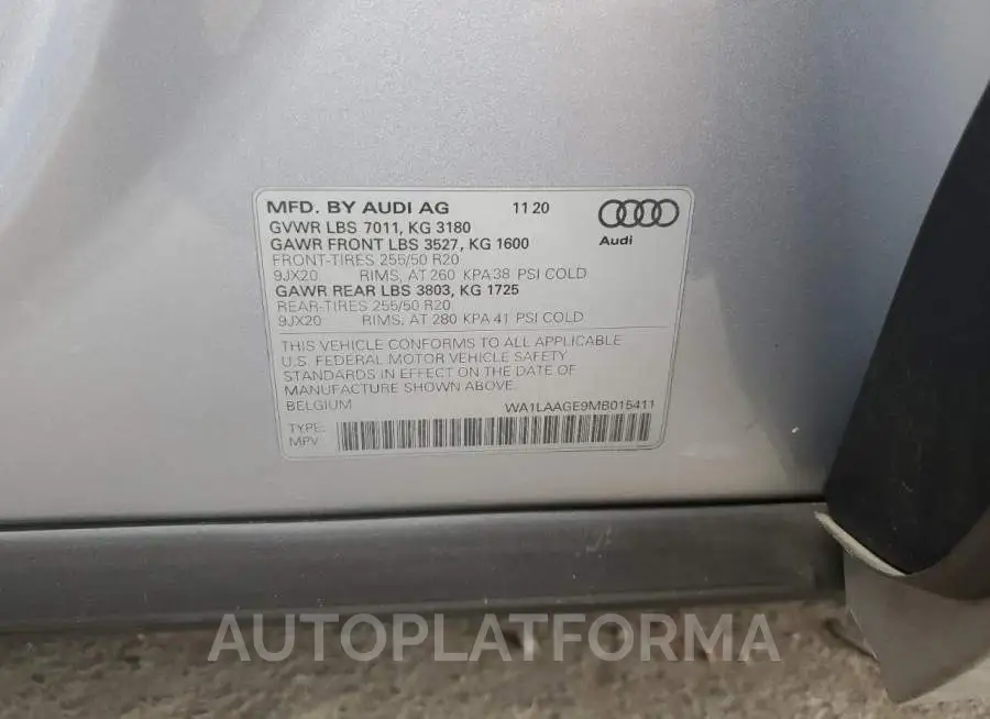 AUDI E-TRON PRE 2021 vin WA1LAAGE9MB015411 from auto auction Copart