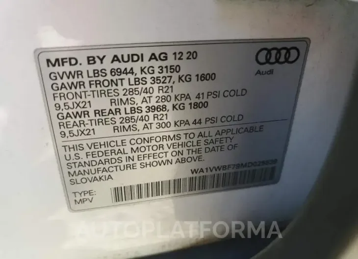 AUDI SQ7 PRESTI 2021 vin WA1VWBF79MD025539 from auto auction Copart