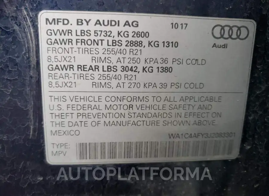 AUDI SQ5 PRESTI 2018 vin WA1C4AFY3J2083301 from auto auction Copart