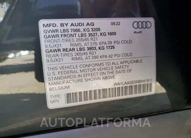 AUDI E-TRON PRE 2022 vin WA1LAAGE5NB041912 from auto auction Copart