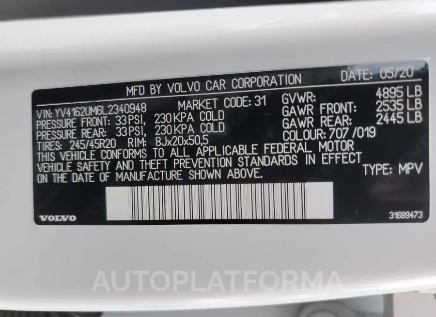 VOLVO XC40 T5 R- 2020 vin YV4162UM6L2340948 from auto auction Copart