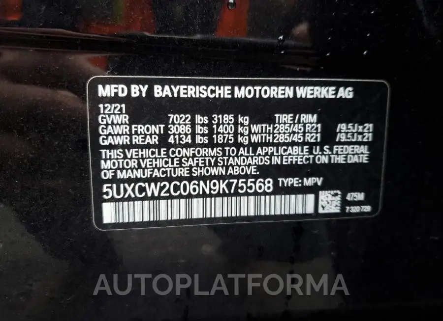 BMW X7 XDRIVE4 2022 vin 5UXCW2C06N9K75568 from auto auction Copart