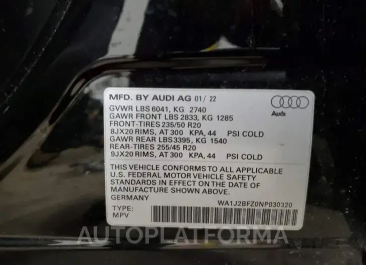 AUDI Q4 E-TRON 2022 vin WA1J2BFZ0NP030320 from auto auction Copart