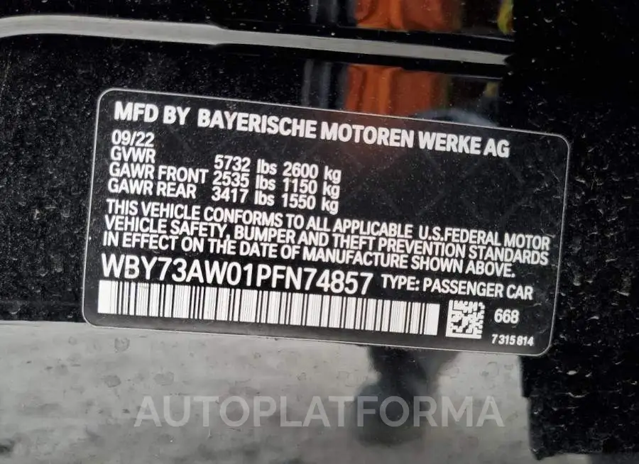 BMW I4 EDRIVE4 2023 vin WBY73AW01PFN74857 from auto auction Copart