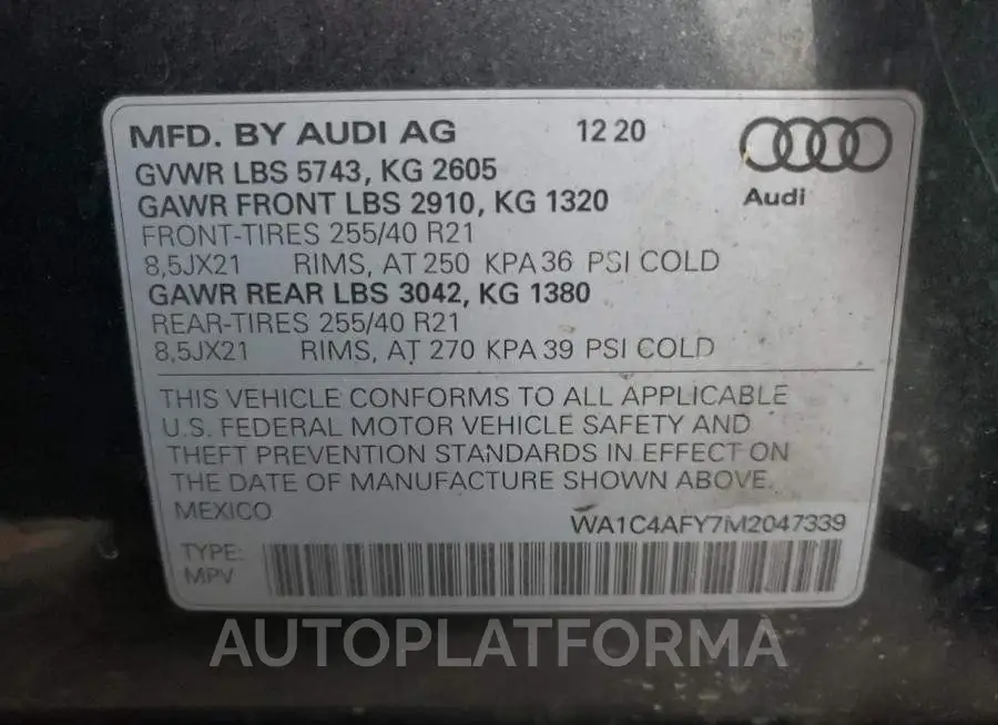 AUDI SQ5 PRESTI 2021 vin WA1C4AFY7M2047339 from auto auction Copart