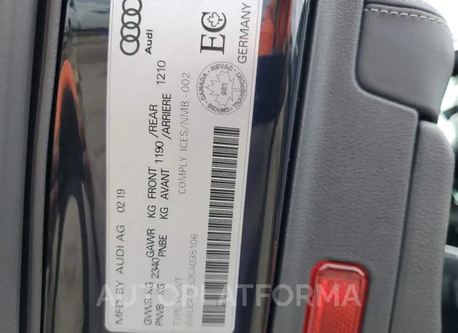 AUDI S5 PRESTIG 2019 vin WAUC4CF52KA035106 from auto auction Copart