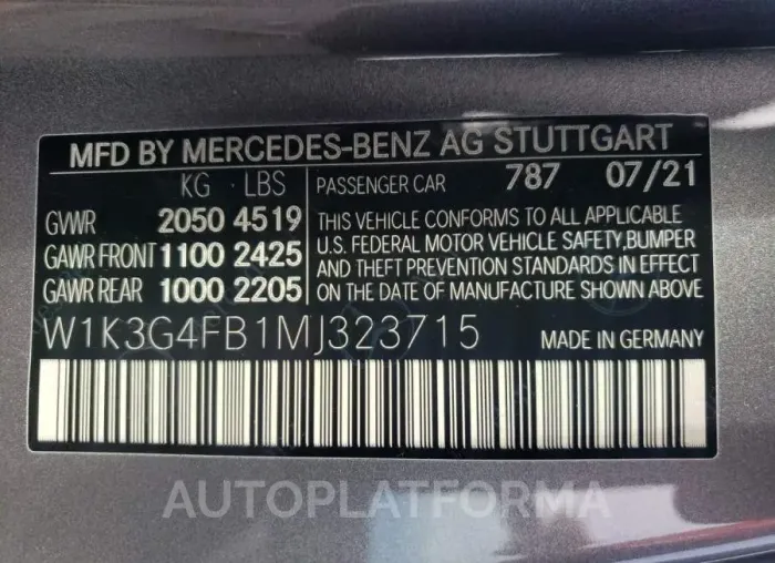 MERCEDES-BENZ A 220 4MAT 2021 vin W1K3G4FB1MJ323715 from auto auction Copart