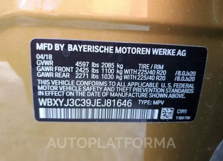 BMW X2 SDRIVE2 2018 vin WBXYJ3C39JEJ81646 from auto auction Copart