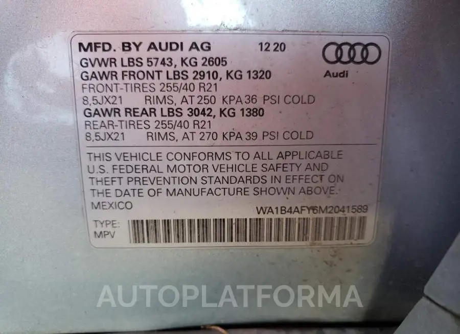 AUDI SQ5 PREMIU 2021 vin WA1B4AFY6M2041589 from auto auction Copart