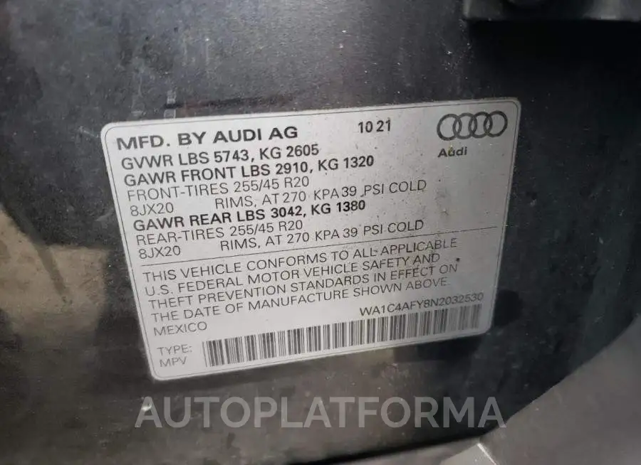 AUDI SQ5 PRESTI 2022 vin WA1C4AFY8N2032530 from auto auction Copart