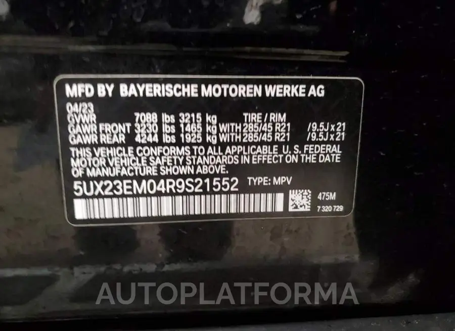 BMW X7 XDRIVE4 2024 vin 5UX23EM04R9S21552 from auto auction Copart