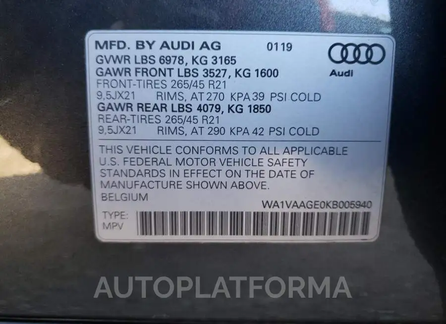 AUDI E-TRON PRE 2019 vin WA1VAAGE0KB005940 from auto auction Copart