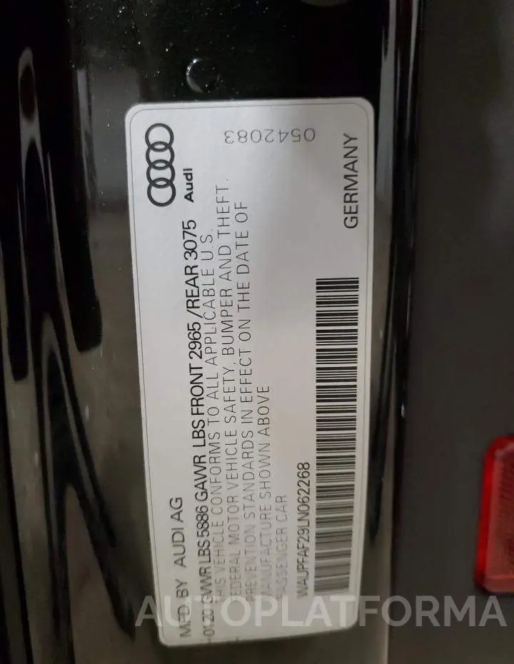 AUDI S7 PREMIUM 2020 vin WAUPFAF29LN062268 from auto auction Copart