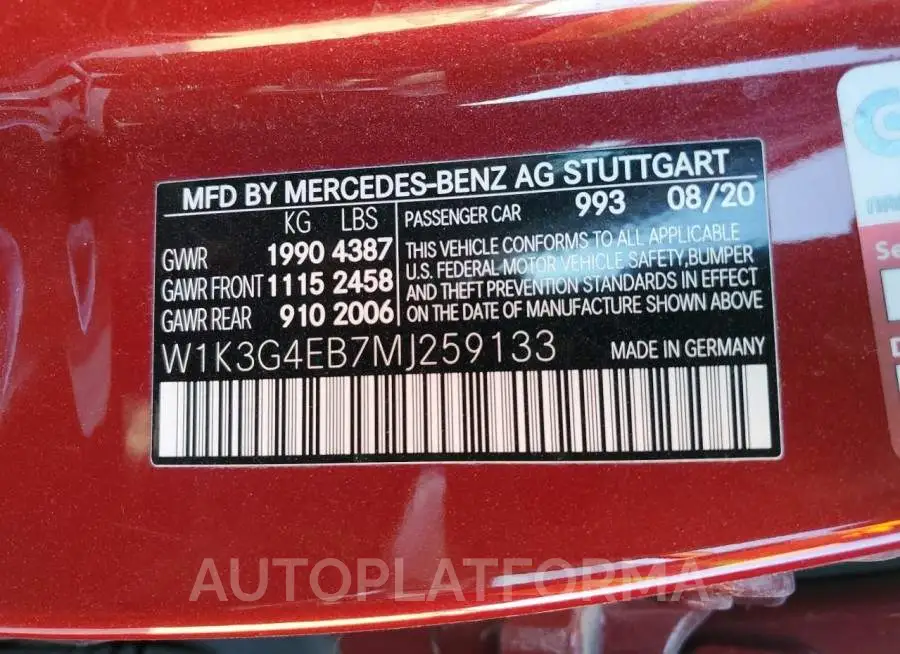 MERCEDES-BENZ A 220 2021 vin W1K3G4EB7MJ259133 from auto auction Copart