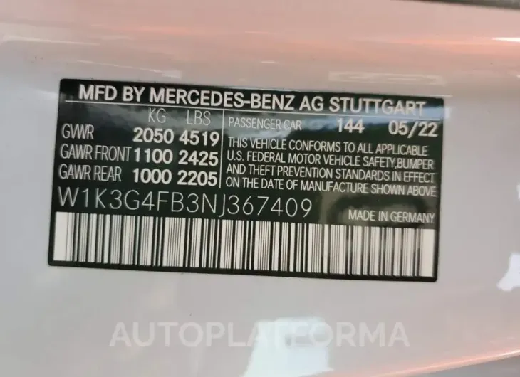 MERCEDES-BENZ A 220 4MAT 2022 vin W1K3G4FB3NJ367409 from auto auction Copart