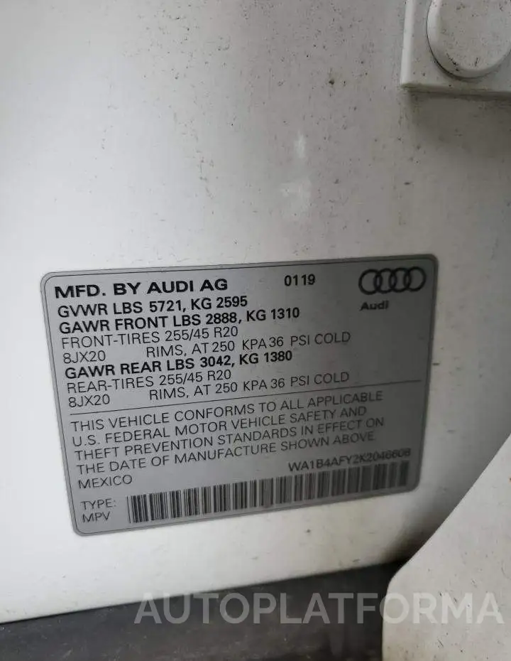 AUDI SQ5 PREMIU 2019 vin WA1B4AFY2K2046608 from auto auction Copart