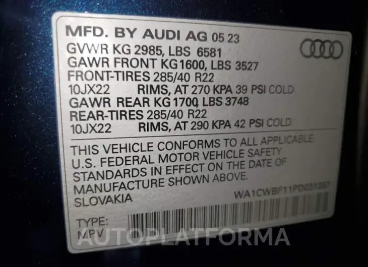 AUDI SQ8 PRESTI 2023 vin WA1CWBF11PD031357 from auto auction Copart