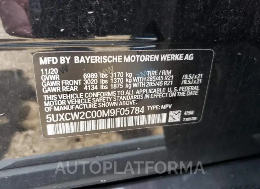 BMW X7 XDRIVE4 2021 vin 5UXCW2C00M9F05784 from auto auction Copart