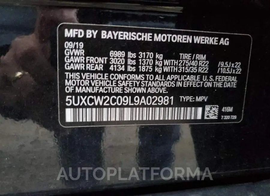 BMW X7 XDRIVE4 2020 vin 5UXCW2C09L9A02981 from auto auction Copart