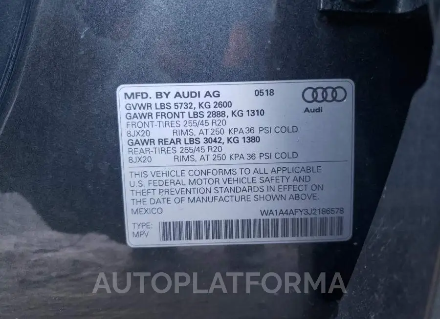 AUDI SQ5 PREMIU 2018 vin WA1A4AFY3J2186578 from auto auction Copart