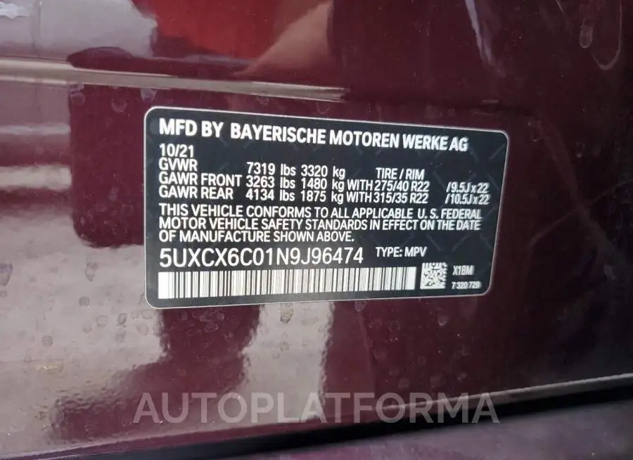 BMW X7 M50I 2022 vin 5UXCX6C01N9J96474 from auto auction Copart