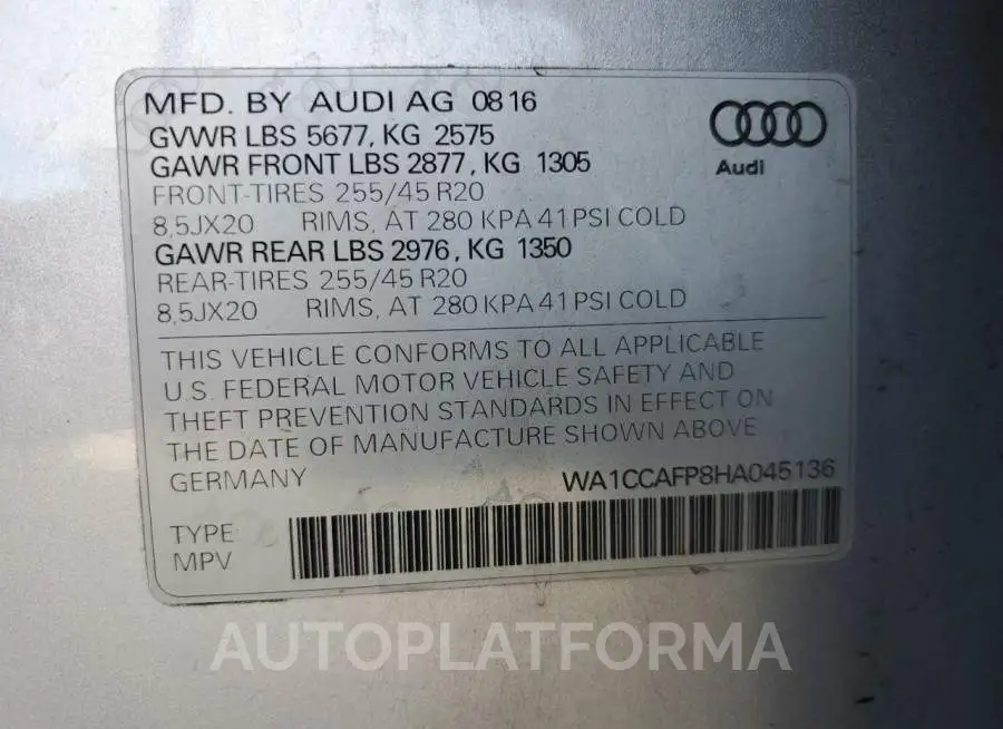 AUDI SQ5 PREMIU 2017 vin WA1CCAFP8HA045136 from auto auction Copart