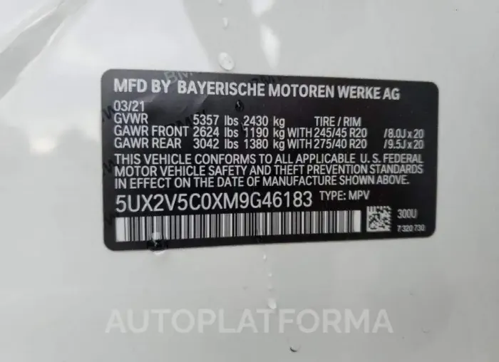 BMW X4 XDRIVEM 2021 vin 5UX2V5C0XM9G46183 from auto auction Copart