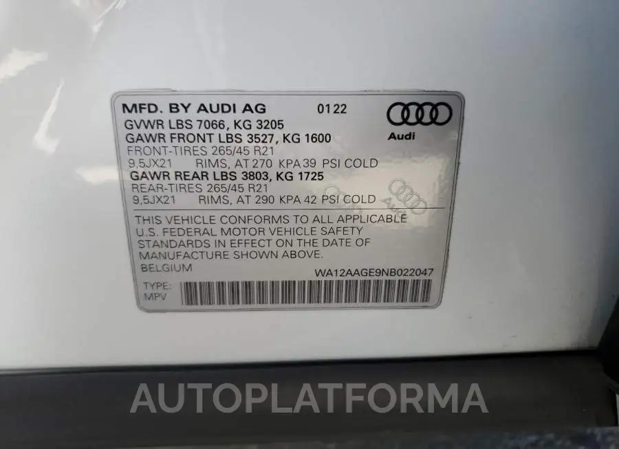 AUDI E-TRON SPO 2022 vin WA12AAGE9NB022047 from auto auction Copart