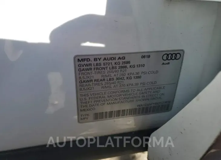 AUDI SQ5 PRESTI 2019 vin WA1C4AFY6K2127616 from auto auction Copart