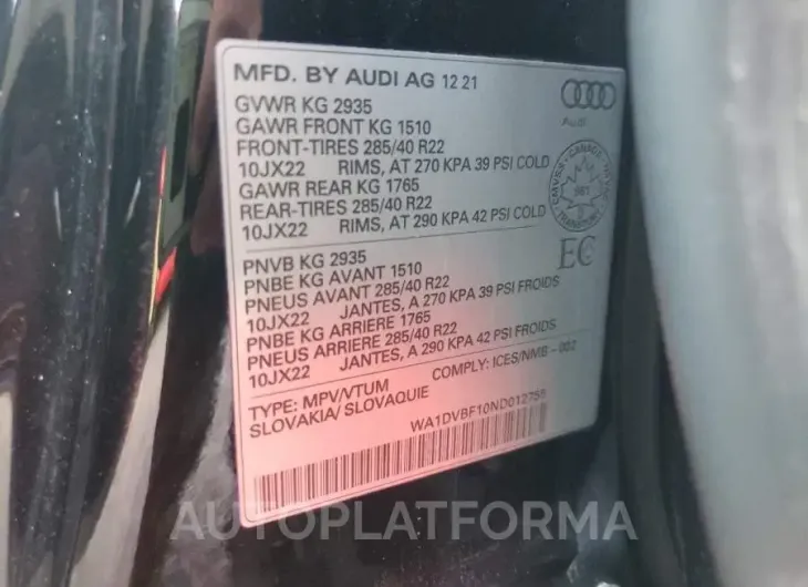 AUDI Q8 PROGRES 2022 vin WA1DVBF10ND012755 from auto auction Copart