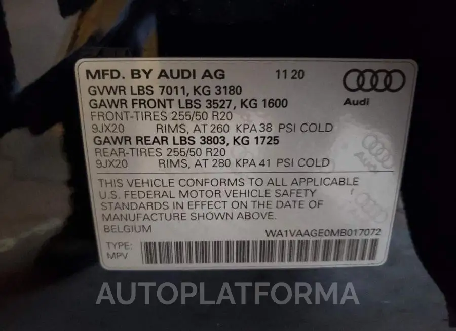 AUDI E-TRON PRE 2021 vin WA1VAAGE0MB017072 from auto auction Copart