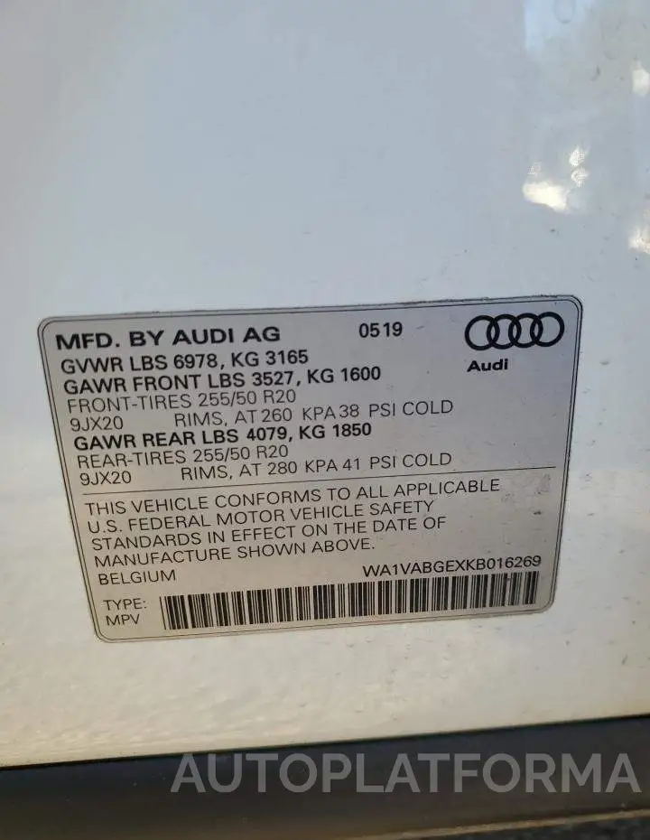 AUDI E-TRON PRE 2019 vin WA1VABGEXKB016269 from auto auction Copart