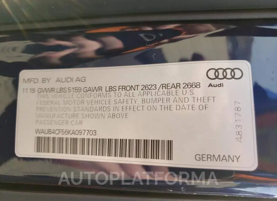 AUDI S5 PREMIUM 2019 vin WAUB4CF56KA097703 from auto auction Copart