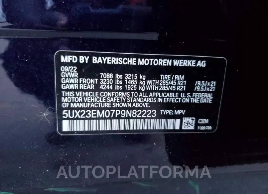 BMW X7 XDRIVE4 2023 vin 5UX23EM07P9N82223 from auto auction Copart