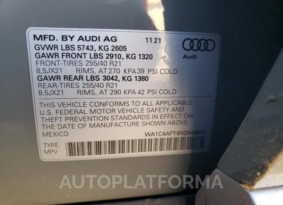 AUDI SQ5 PRESTI 2022 vin WA1C4AFY4N2040043 from auto auction Copart