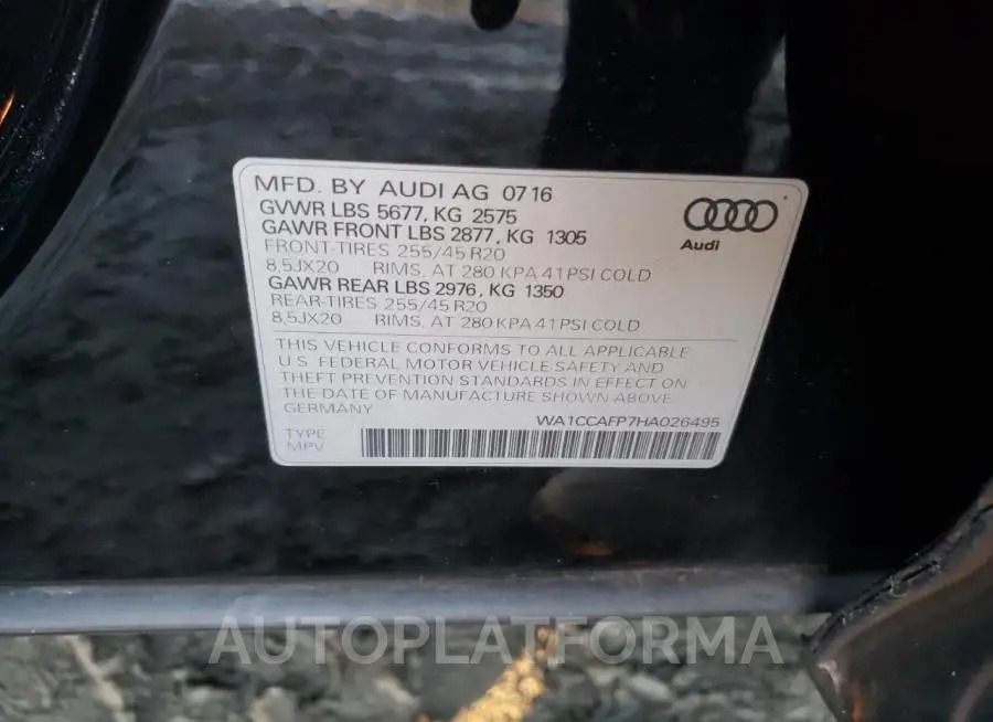 AUDI SQ5 PREMIU 2017 vin WA1CCAFP7HA026495 from auto auction Copart