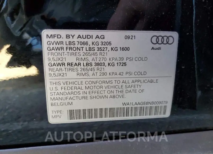 AUDI E-TRON PRE 2022 vin WA1LAAGE6NB009079 from auto auction Copart