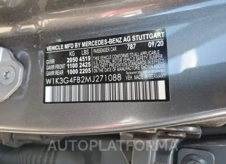 MERCEDES-BENZ A 220 4MAT 2021 vin W1K3G4FB2MJ271088 from auto auction Copart