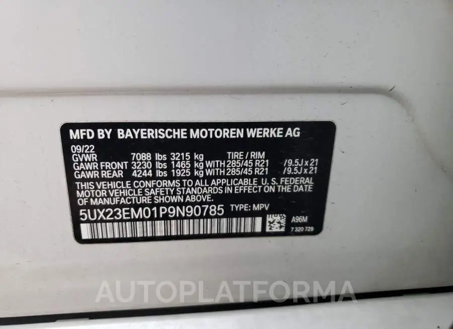 BMW X7 XDRIVE4 2023 vin 5UX23EM01P9N90785 from auto auction Copart