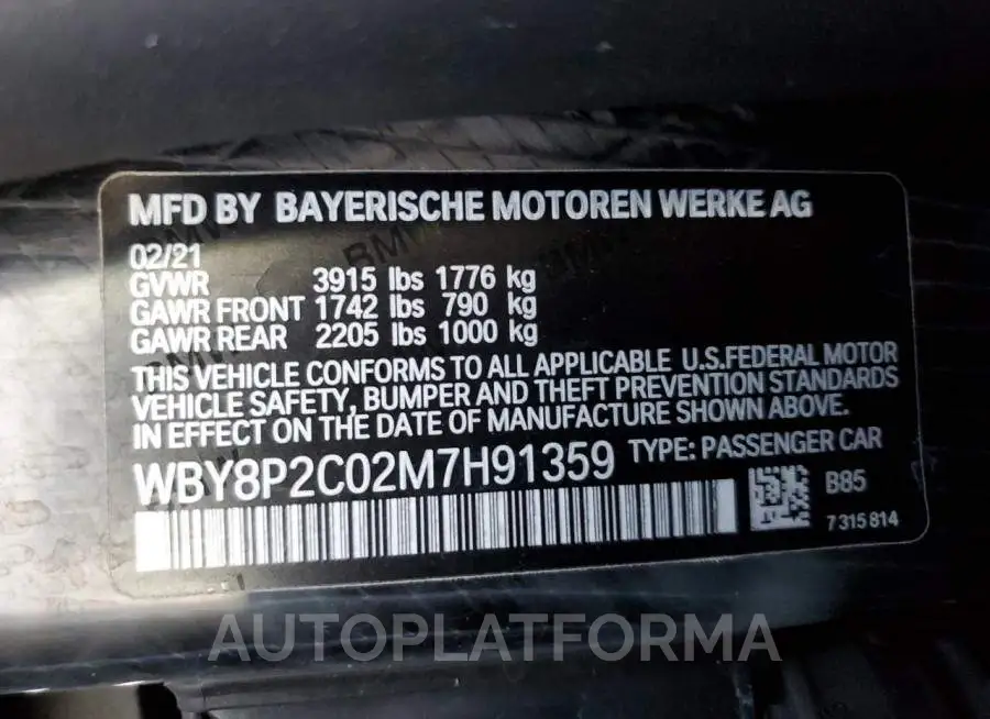 BMW I3 BEV 2021 vin WBY8P2C02M7H91359 from auto auction Copart