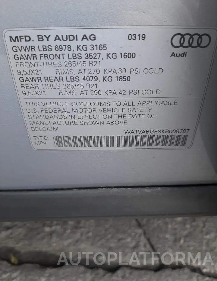 AUDI E-TRON PRE 2019 vin WA1VABGE3KB008787 from auto auction Copart